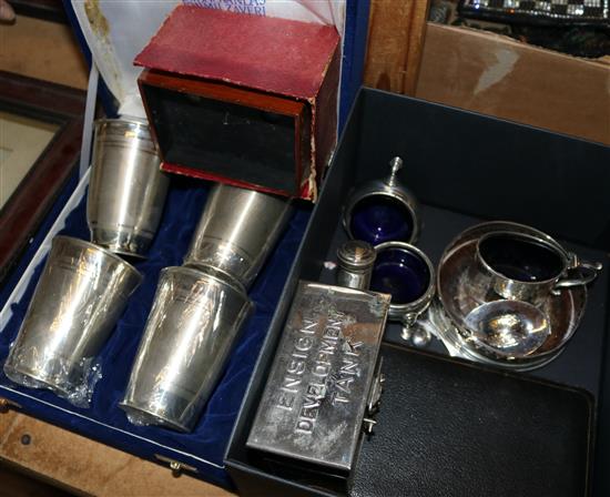 Silver condirments, coaster & set beakers